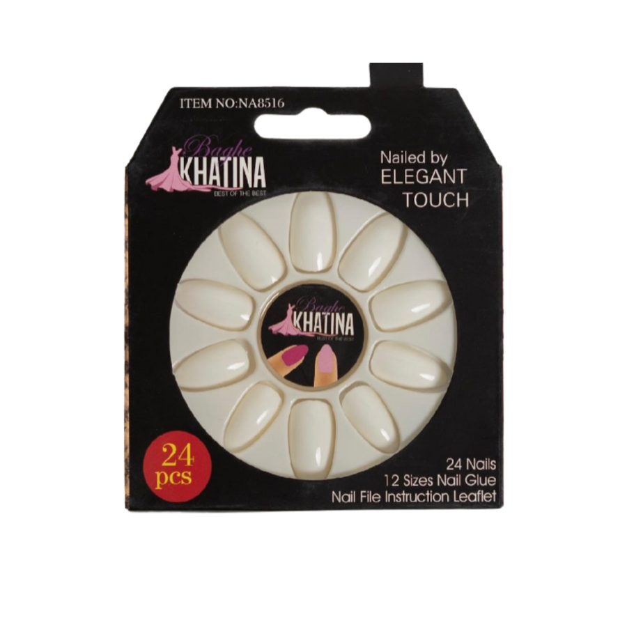 Bahe Khatina Press-On Nails by Elegant Touch, 24 pieces in 12 sizes, nude shade set with nail glue and file included.