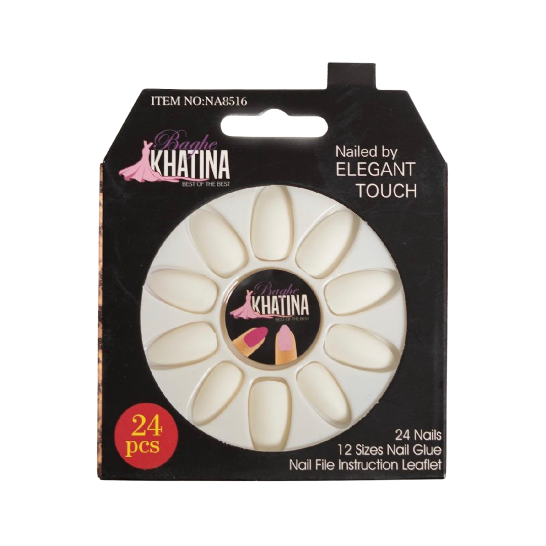 Khatina Artificial Nails, 24 pieces, with 12 sizes of nail glue and a nail file instruction leaflet.