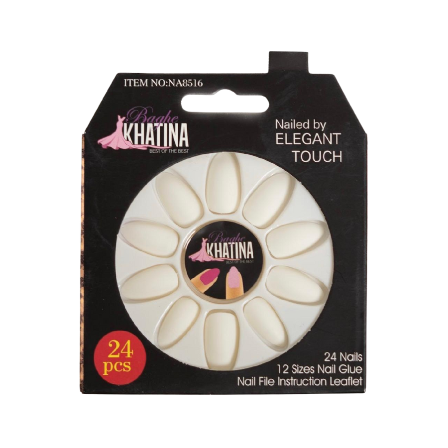 Khatina Artificial Nails, 24 pieces, with 12 sizes of nail glue and a nail file instruction leaflet.