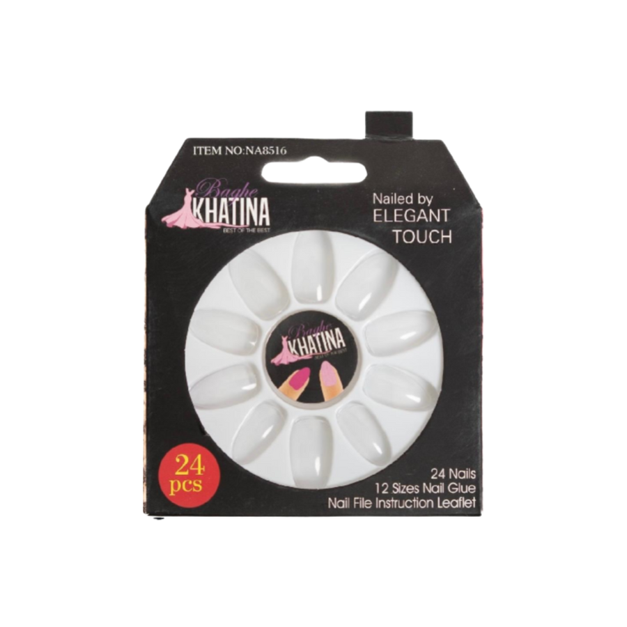 Bahe Khatina Press-On Nails by Elegant Touch, set of 24 nails in 12 different sizes, includes nail glue and a nail file instruction leaflet.