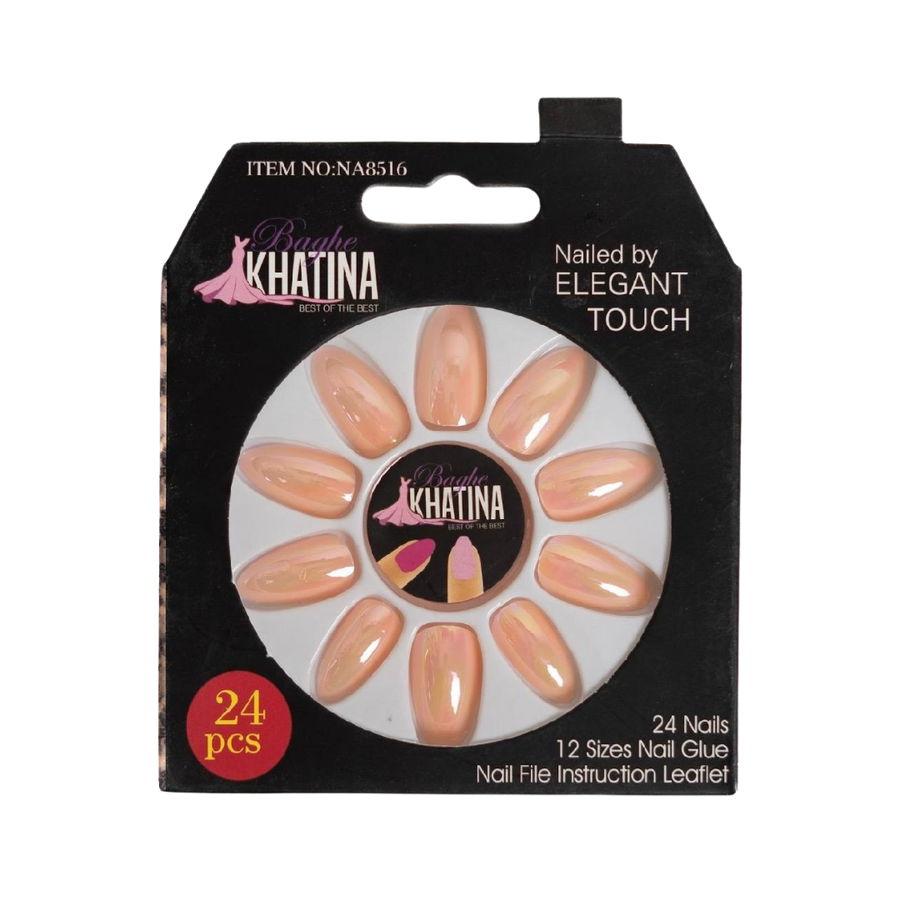 Khatina Artificial Nails, 24 pieces, with 12 sizes of nail glue and a nail file instruction leaflet.