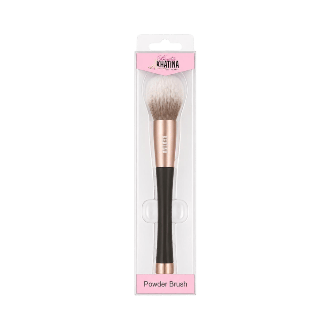 KHATINA powder makeup brush with fluffy white-brown bristles, black handle and rose-gold ferrule in clear packaging.