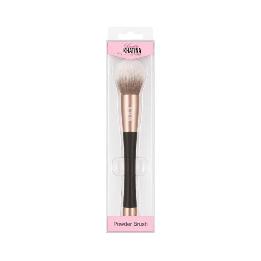 KHATINA powder makeup brush with fluffy white-brown bristles, black handle and rose-gold ferrule in clear packaging.
