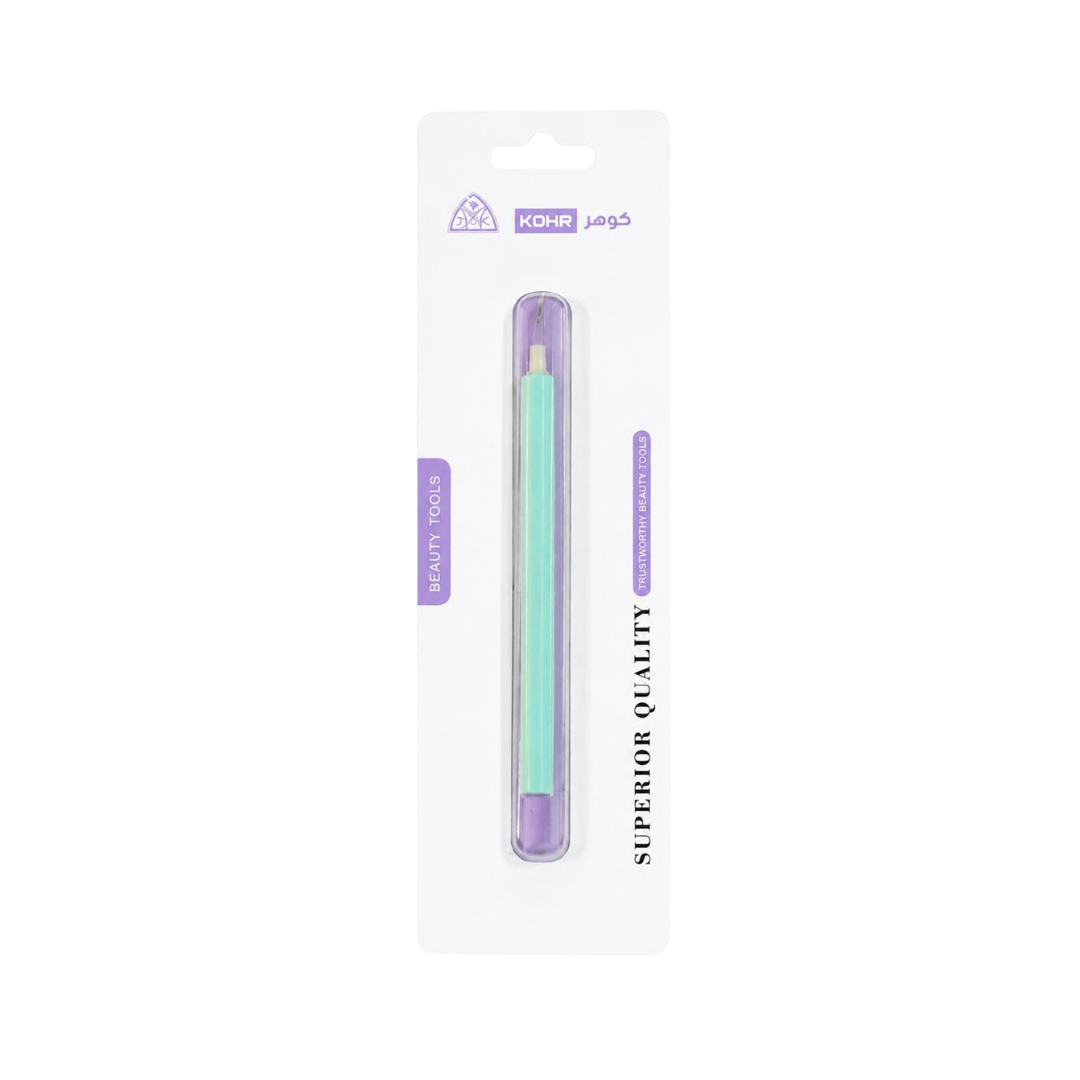 KOHR Superior Quality eyebrow razor with mint handle and purple protective case in blister packaging