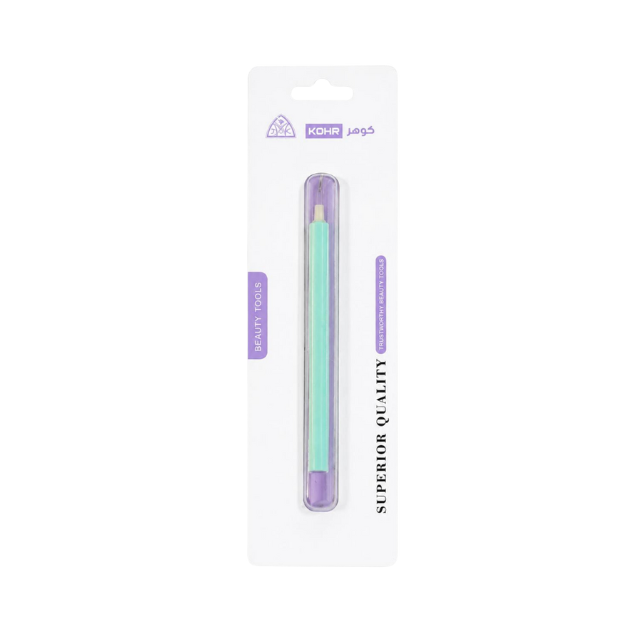 KOHR Superior Quality eyebrow razor with mint handle and purple protective case in blister packaging