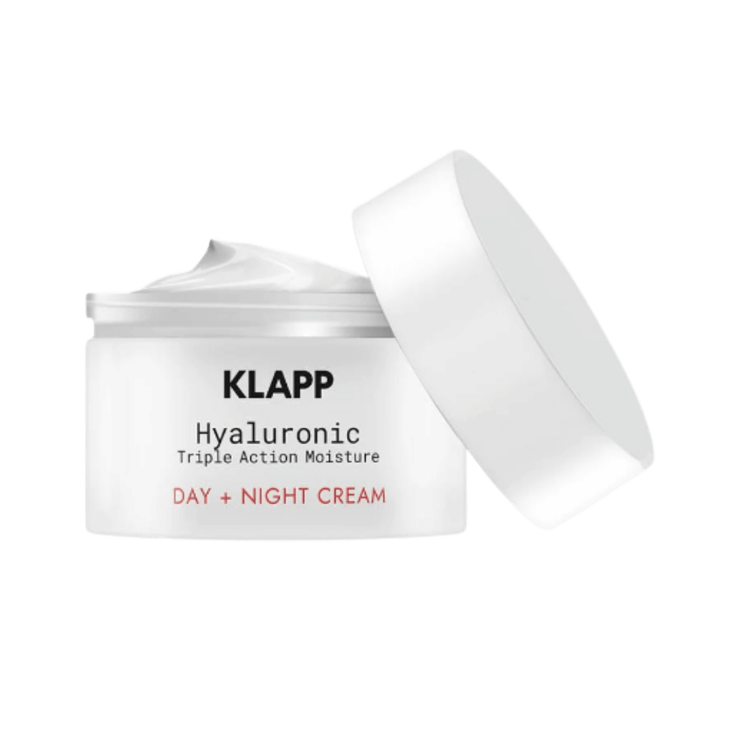 KLAPP Hyaluronic Triple Action Moisture Day + Night Cream, 50ml, white jar with removable lid, visible text, skincare cream.