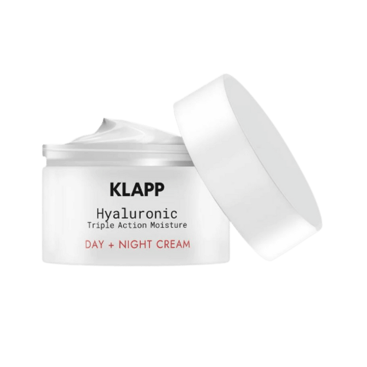KLAPP Hyaluronic Triple Action Moisture Day + Night Cream, 50ml, white jar with removable lid, visible text, skincare cream.