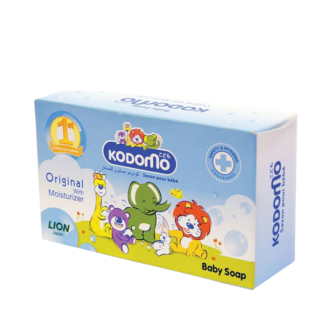 Kodomo Baby Soap original with moisturizer, 75 g bar, blue rectangular box with animal illustrations