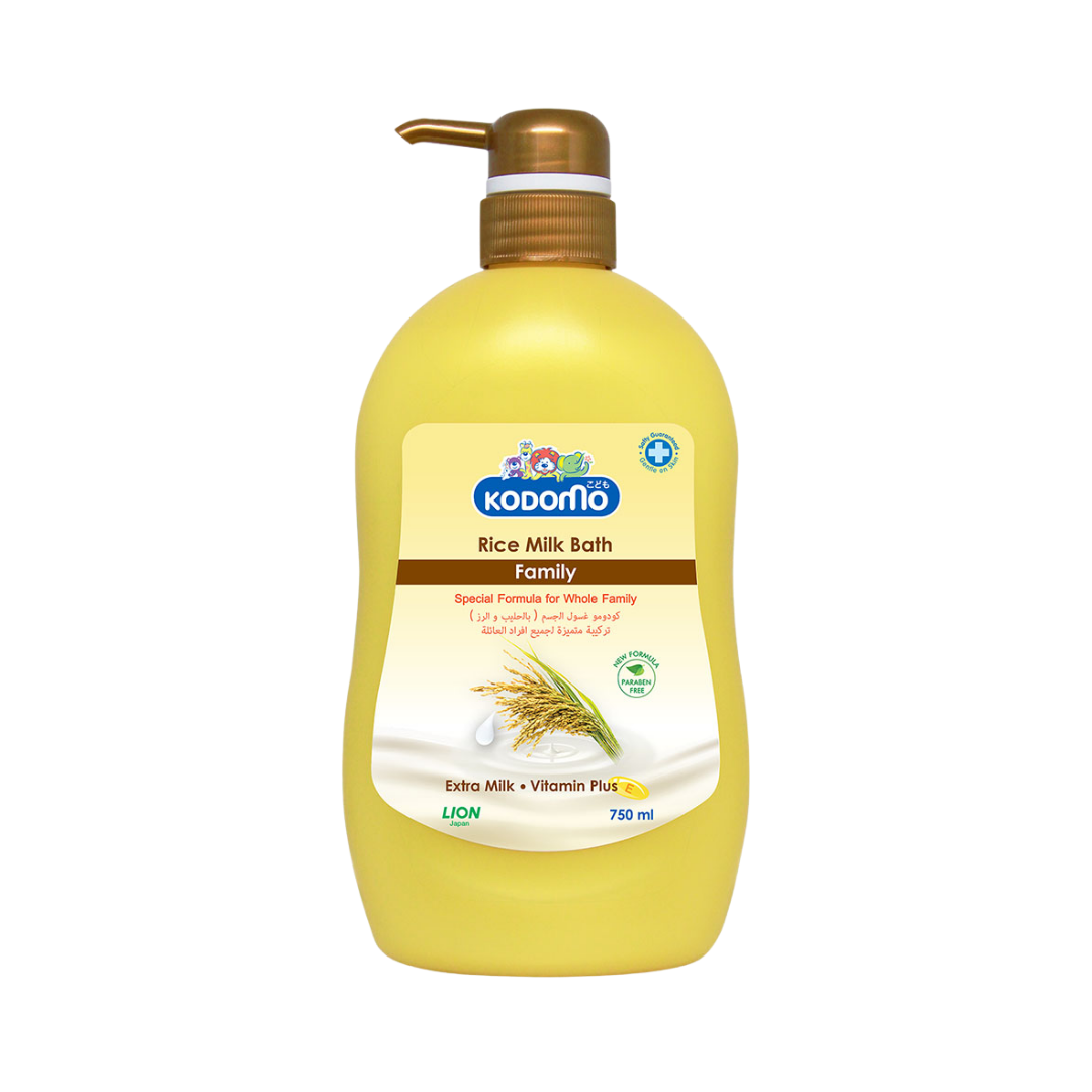 Kodomo Rice Milk Bath Family body wash, 750 ml yellow pump bottle with brown dispenser