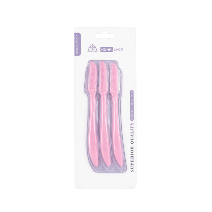KOHR Superior Quality Beauty Tools three pink facial eyebrow razors with protective caps in blister packaging