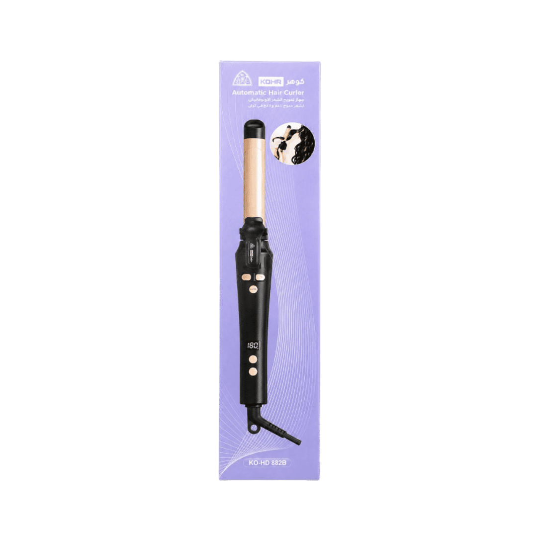 KOHR KO-HD 882B automatic hair curler with black handle, gold barrel, digital display, and purple box.