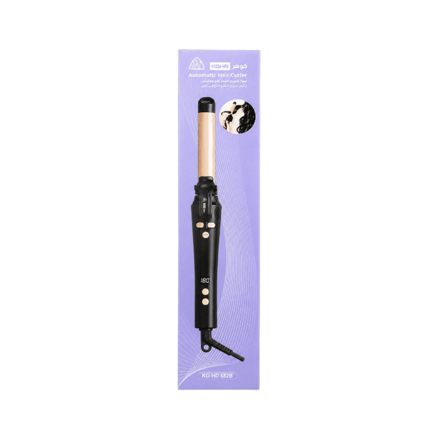KOHR KO-HD 882B automatic hair curler with black handle, gold barrel, digital display, and purple box.