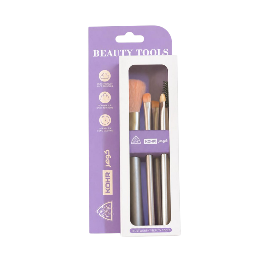 KOHR Beauty Tools makeup brush set in purple and white box with five visible brushes