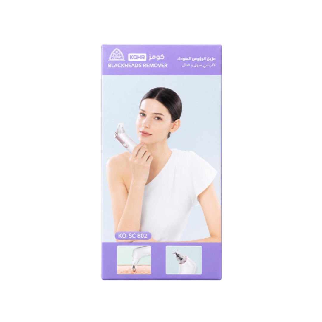 KOHR blackheads remover device, model KO-SC 802, in purple and white box with woman and device images.