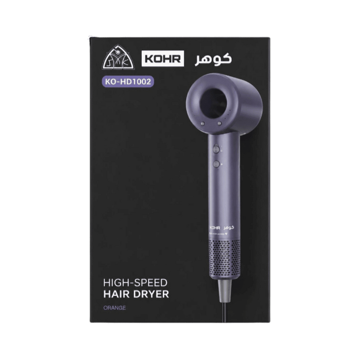 KOHR KO-HD1002 high-speed hair dryer box with dark packaging and purple dryer image