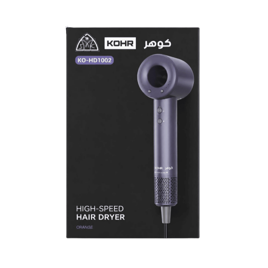 KOHR KO-HD1002 high-speed hair dryer box with dark packaging and purple dryer image