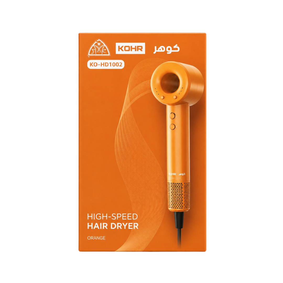KOHR High Speed Hair Dryer orange hair dryer shown on matching orange KO-HD1002 retail box