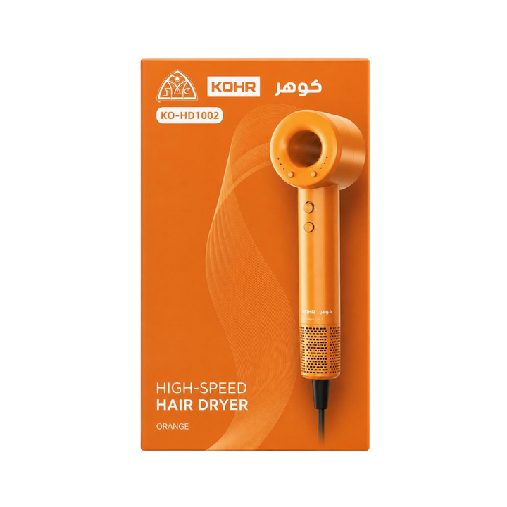 KOHR High Speed Hair Dryer orange hair dryer shown on matching orange KO-HD1002 retail box
