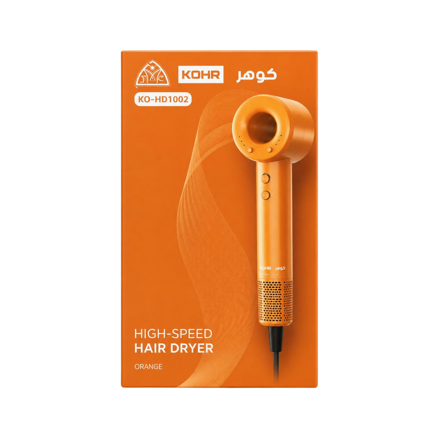 KOHR High Speed Hair Dryer orange hair dryer shown on matching orange KO-HD1002 retail box