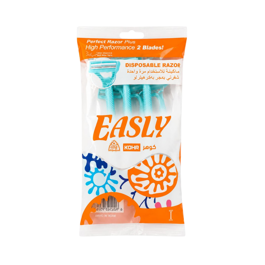KOHR Perfect Razor Plus disposable razors four turquoise two-blade razors in orange white plastic pouch