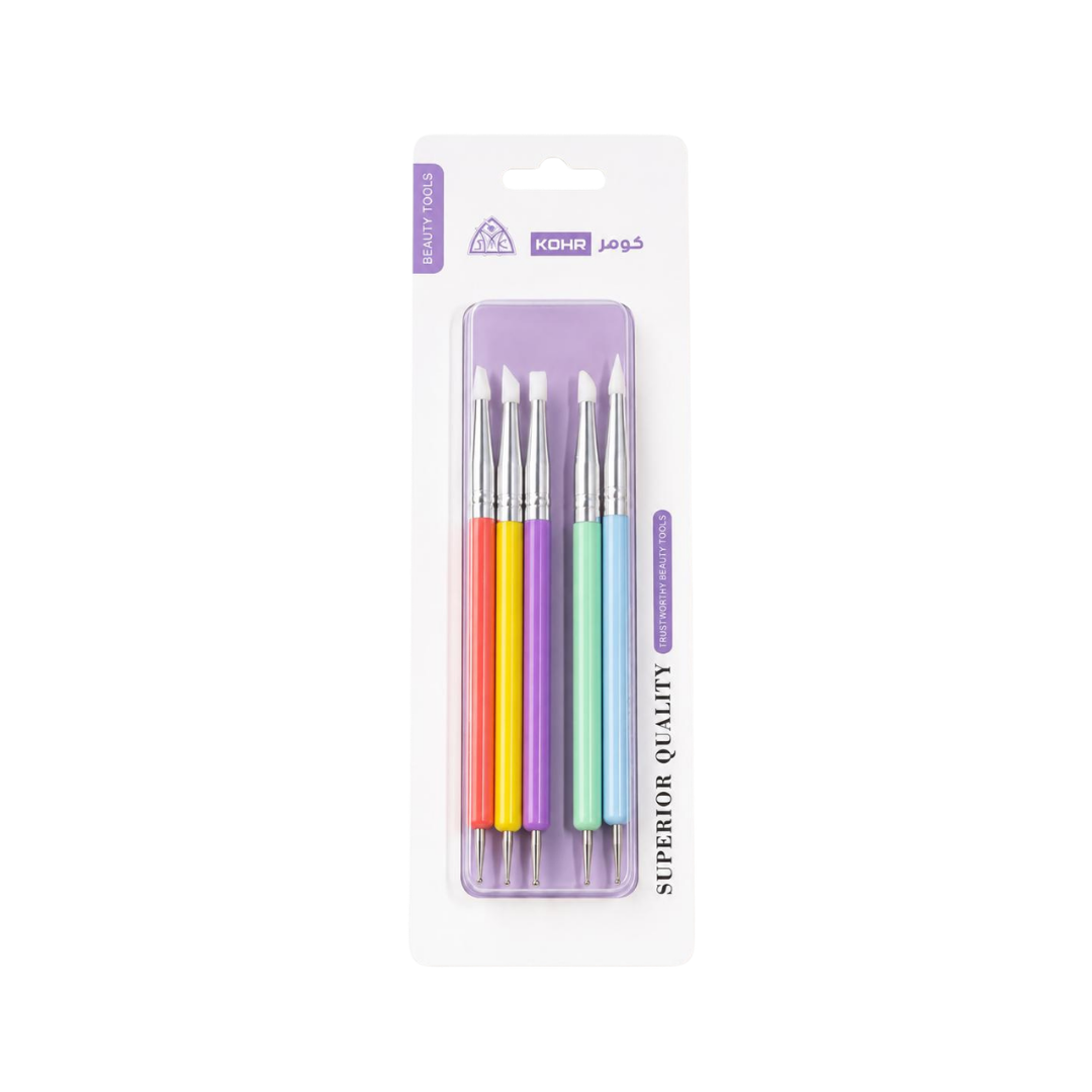 KOHR Superior Quality nail art tools five-piece set with colorful handles in white purple blister packaging