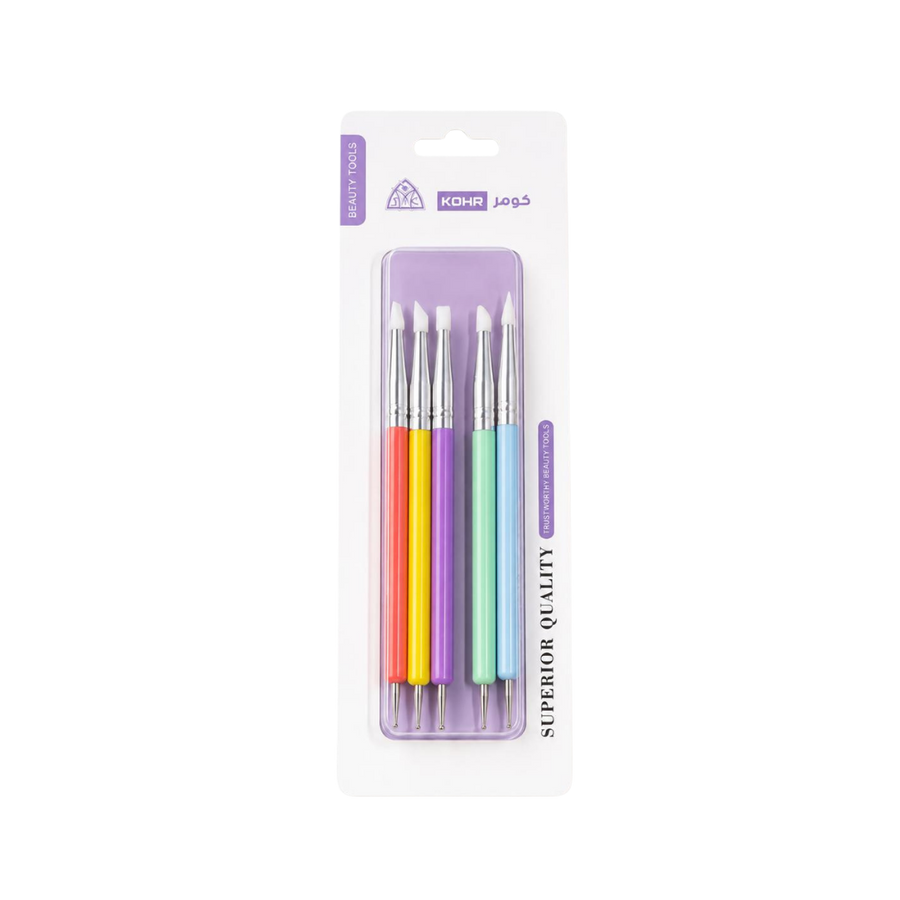 KOHR Superior Quality nail art tools five-piece set with colorful handles in white purple blister packaging