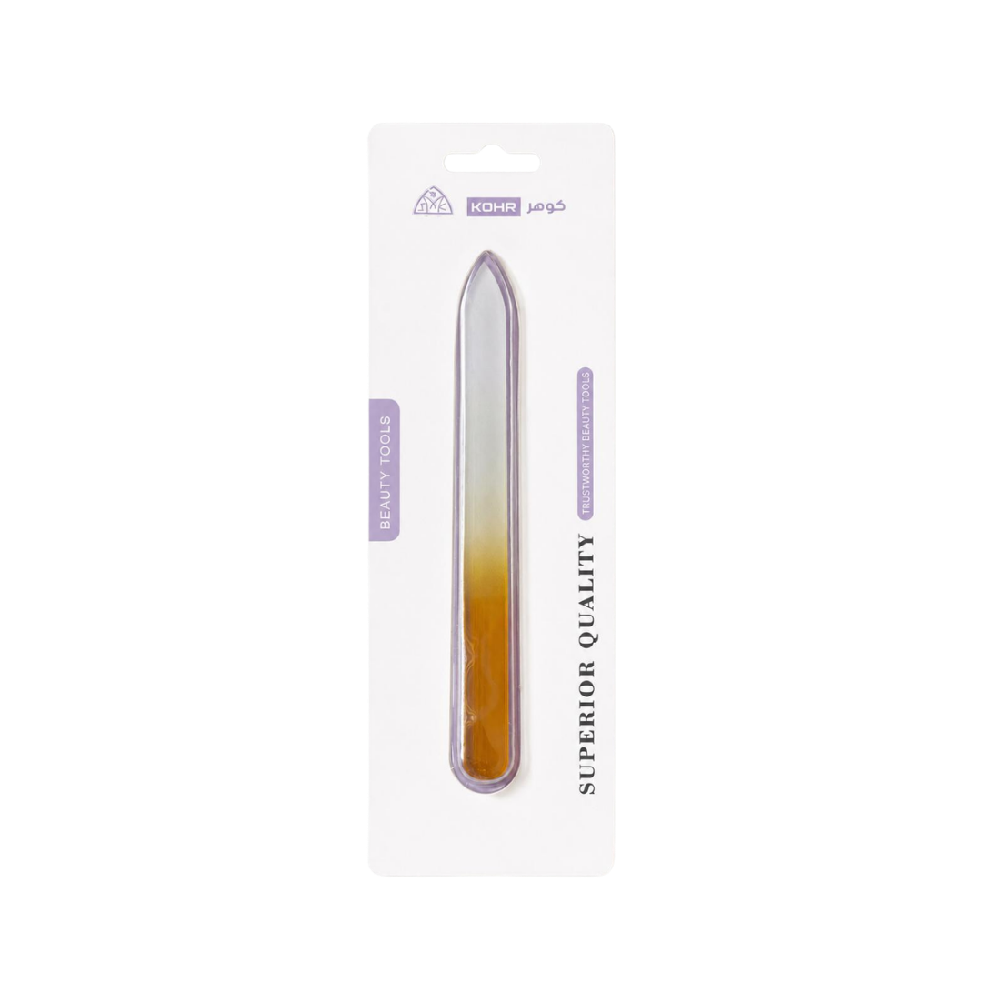 KOHR Superior Quality glass nail file with orange gradient design in white purple blister packaging