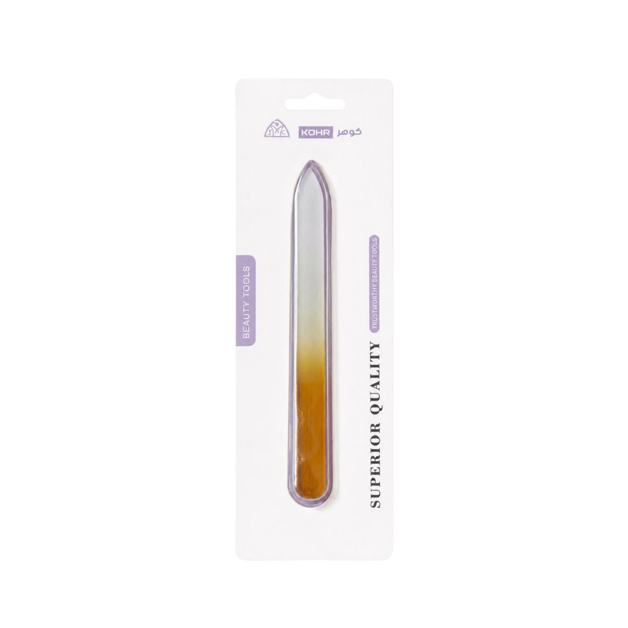 KOHR Superior Quality glass nail file with orange gradient design in white purple blister packaging