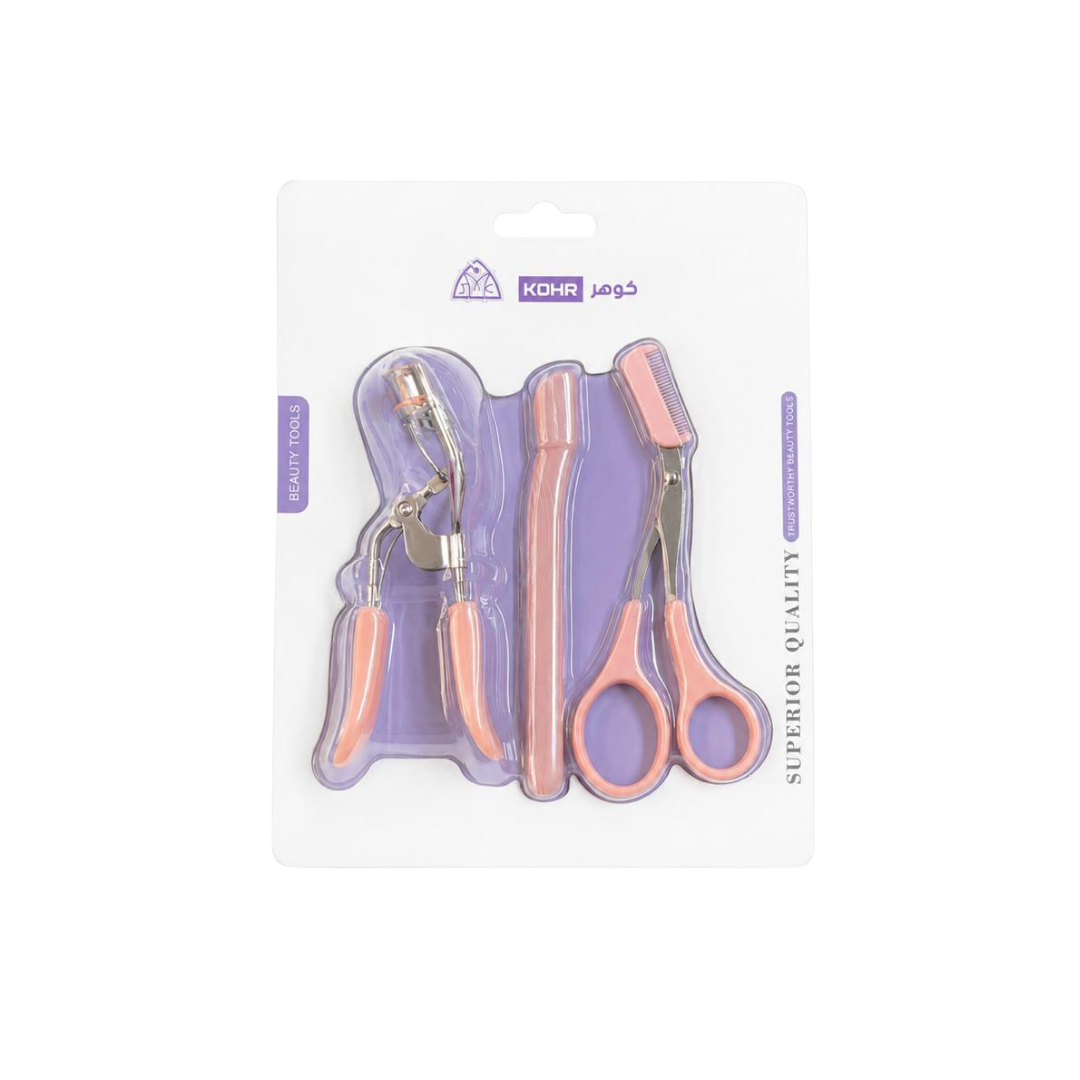 KOHR Superior Quality Beauty Tools three-piece eyebrow and eyelash tool set in white purple blister packaging