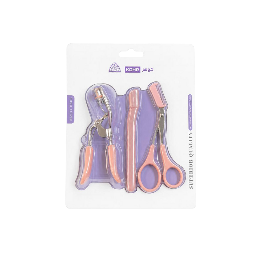 KOHR Superior Quality Beauty Tools three-piece eyebrow and eyelash tool set in white purple blister packaging