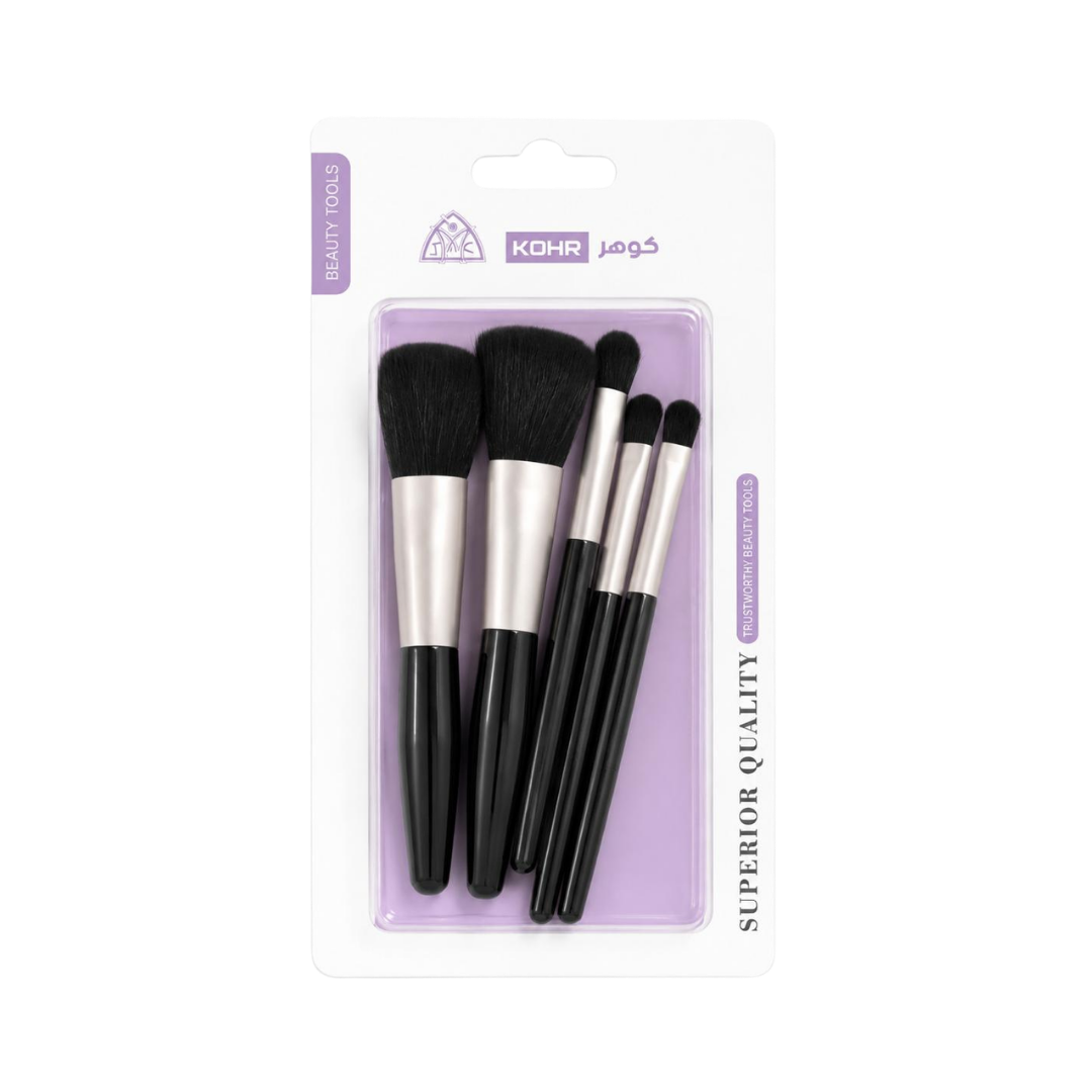 KOHR Superior Quality Beauty Tools five-piece makeup brush set in white and purple blister packaging