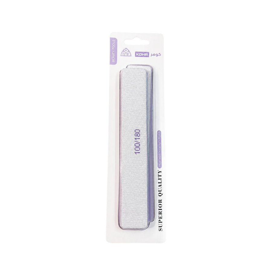 KOHR Superior Quality Beauty Tools 100/180 silver nail file in white purple blister packaging