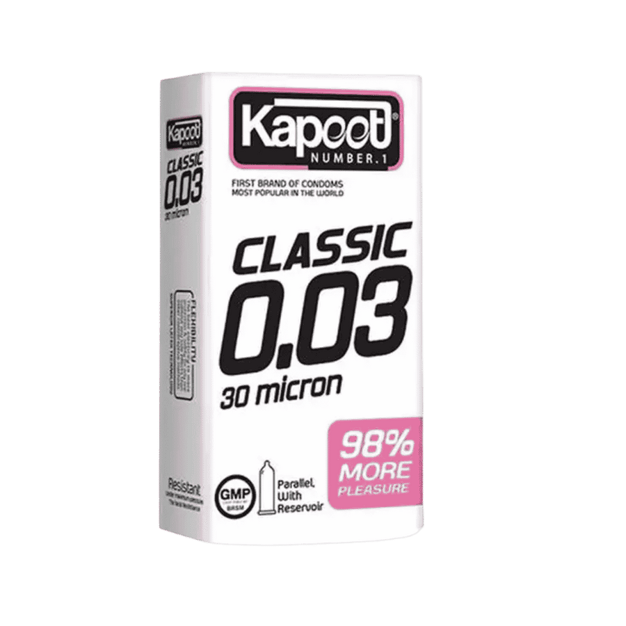 Kapoot Classic 0.03 ultra thin condom box, 30 micron latex condoms with lubricant, 10 pieces.
