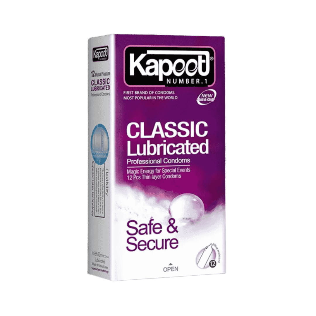 Kapoot Classic Lubricated condom box, professional lubricated latex condoms, 12 pieces safe and secure packaging.