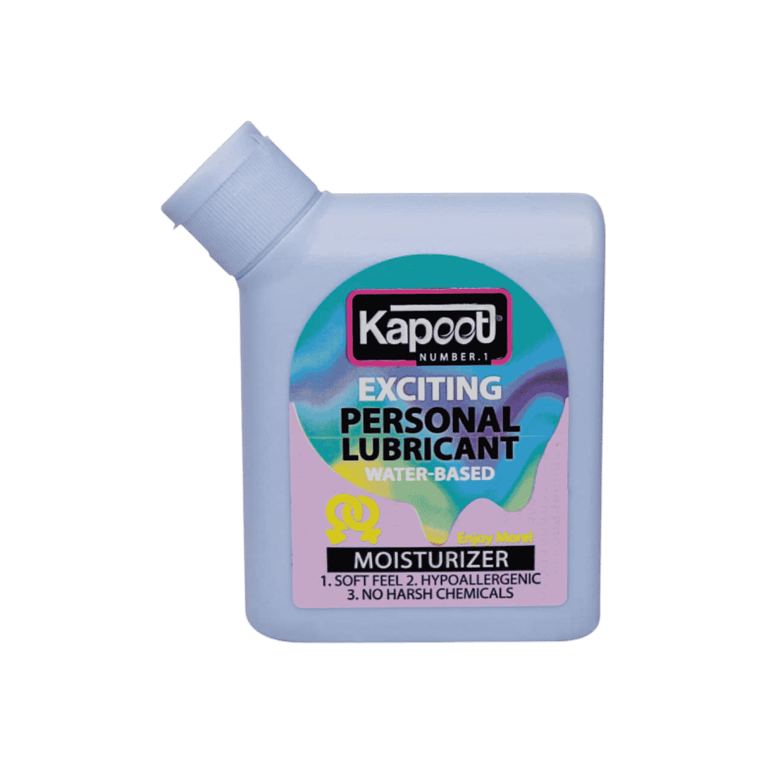 Kapoot Exciting Personal Lubricant, water-based moisturizer in light blue angled bottle, colorful label with branding and features, 611x618px 