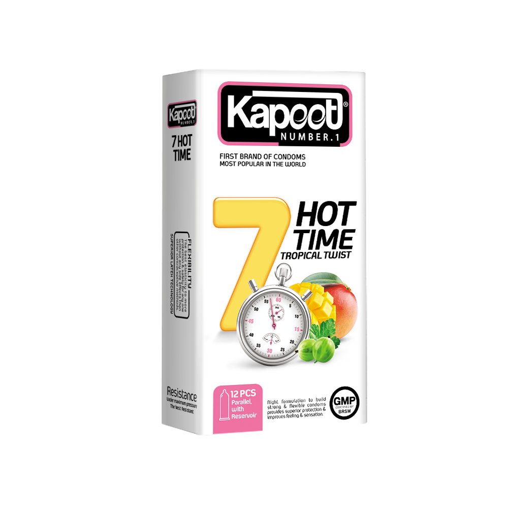 Kapoot 7 Hot Time Tropical Twist condoms, white rectangular box, fruit graphics, stopwatch illustration, 12 pcs, branding and features visible, 552x558px 