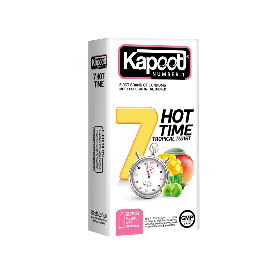 Kapoot 7 Hot Time Tropical Twist condoms, white rectangular box, fruit graphics, stopwatch illustration, 12 pcs, branding and features visible, 552x558px 