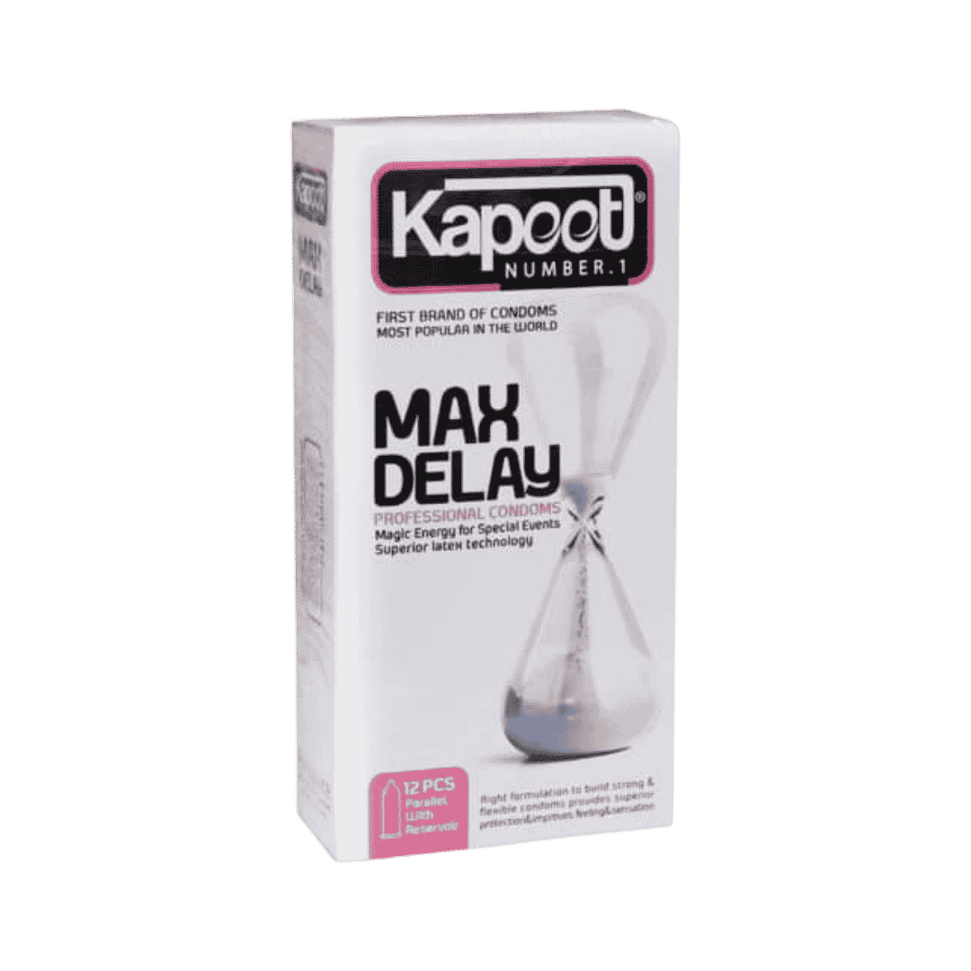Kapoot Max Delay condom box, professional delay condoms with lubricant, 12 pieces packaging design.