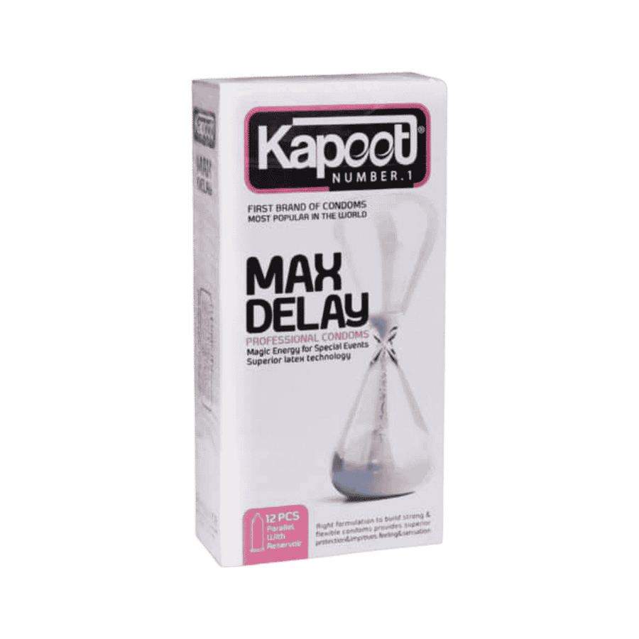 Kapoot Max Delay condom box, professional delay condoms with lubricant, 12 pieces packaging design.