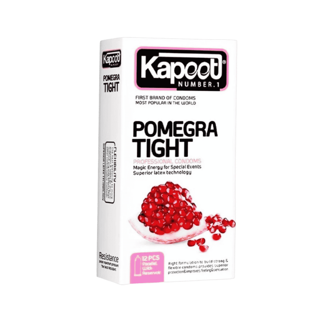Kapoot Pomegra Tight condoms, white rectangular box, pomegranate graphic, 12 pcs, branding and text visible, 526x602px 