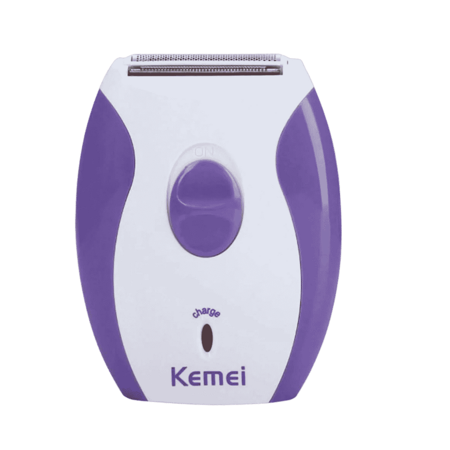 Kemei women’s electric hair removal shaver with white and purple body, foil head, switch, and charge indicator.