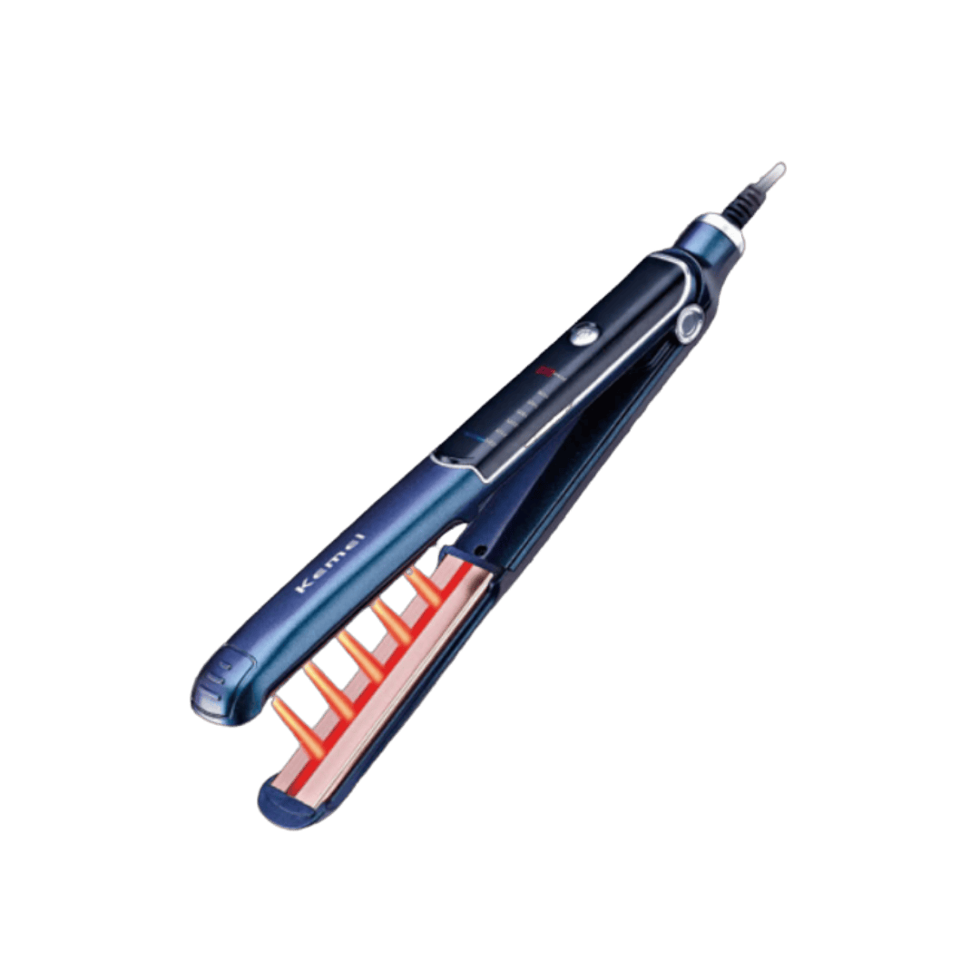 Kemei hair crimper iron, blue electric styling tool with heated plates and power cord.