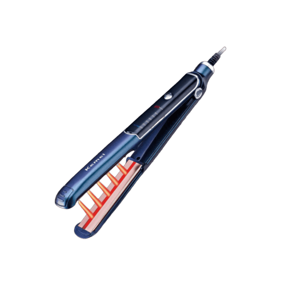 Kemei hair crimper iron, blue electric styling tool with heated plates and power cord.