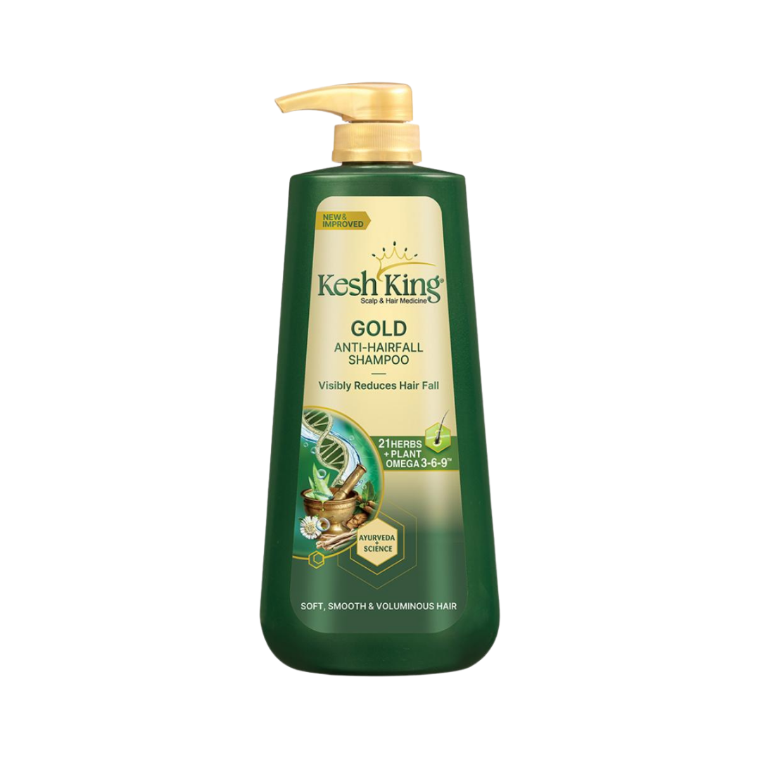 Kesh King Gold anti hairfall shampoo green bottle pump 1L Ayurvedic herbs omega 3 6 9 label