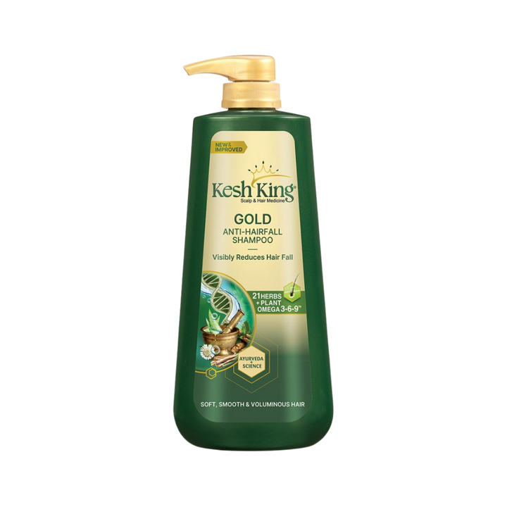 Kesh King Gold anti hairfall shampoo green bottle pump 1L Ayurvedic herbs omega 3 6 9 label