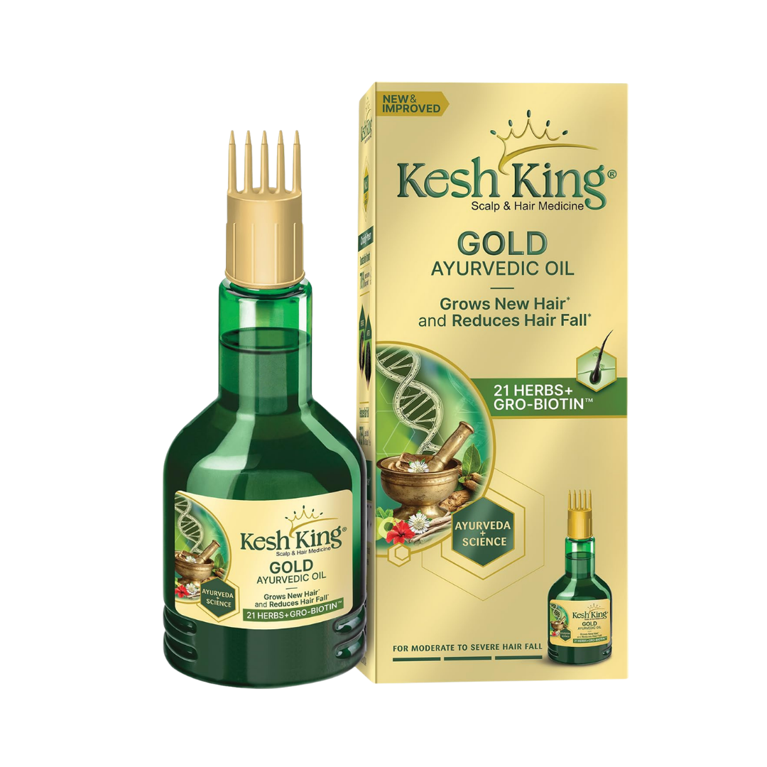 Kesh King Gold Ayurvedic oil green bottle comb applicator 50ml box 21 herbs Gro Biotin label