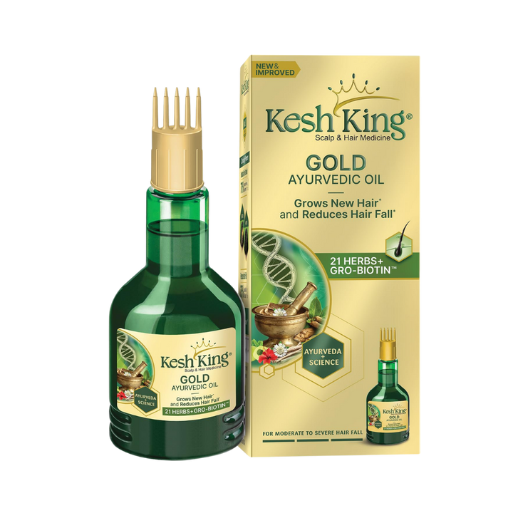 Kesh King Gold Ayurvedic oil green bottle comb applicator 50ml box 21 herbs Gro Biotin label