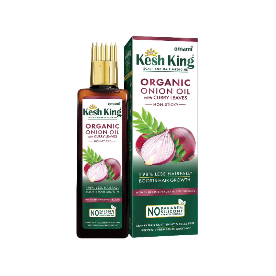Kesh King Organic Onion Oil with Curry Leaves, hair oil bottle and green box packaging with onion graphics.