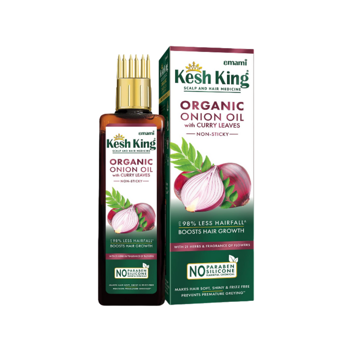 Kesh King Organic Onion Oil with Curry Leaves, hair oil bottle and green box packaging with onion graphics.