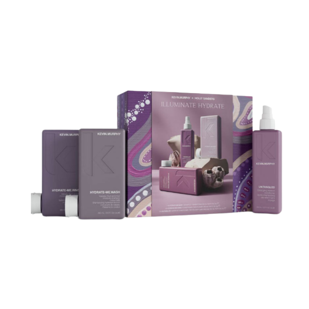Kevin Murphy Hydrate Illuminate set with shampoo, rinse, and untangled spray, purple packaging gift box.